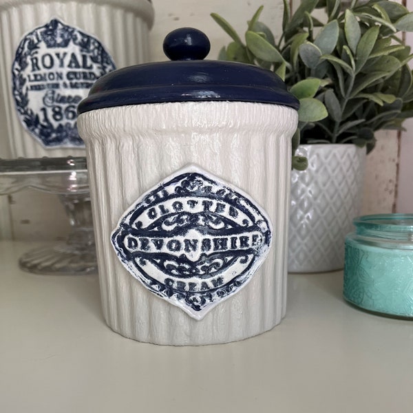 French Country Cottage Farmhouse Devonshire Clotted Cream Crock Upcycled Vintage Canister Small Old World Charm Navy & Cream Handcrafted HP