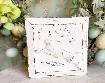 Farmhouse Distressed White & Black Rabbit Bunny Easter Wall Hanging Tiered Tray Decor Display Plaque Shabby Cottage Chic Wood Sign