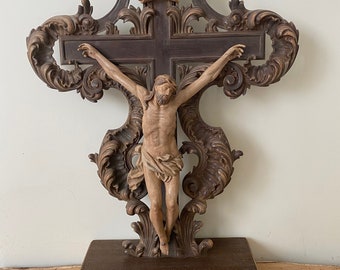 Wood carved catholic cross and crucifix