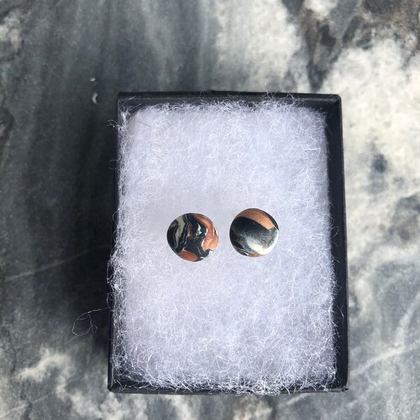 Caeneus--Small Sphere studs marbled black and white copper polymer clay