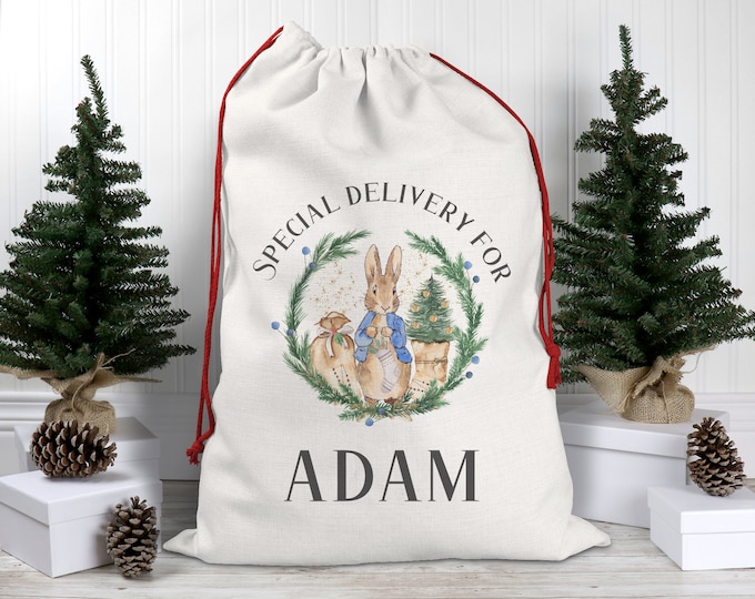 Large Personalised Rabbit Christmas Sack In Blue or Pink