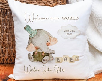 Personalised New Baby Cushion, New Baby Gift, Elephant Baby Gift, Welcome To The World, Elephant Gift, New Baby