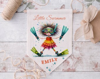 Personalised Little Swimmer Room Decor Flag, Swimming Pennant, Swimming Baths Bedroom Decor, Water Lover, Little Girls Bedroom Water Baby