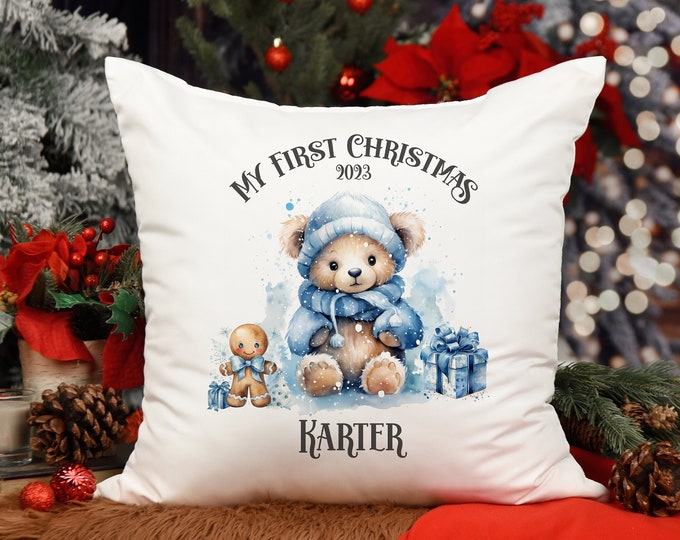 Personalised First Christmas Teddy Cushion