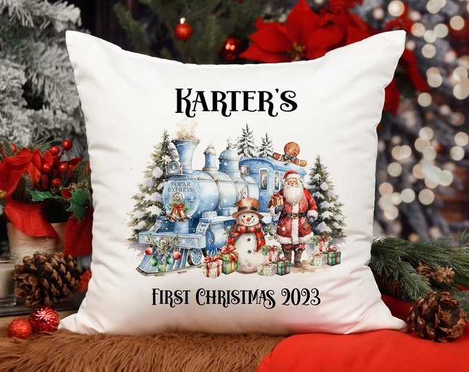 Personalised First Christmas Train Cushion