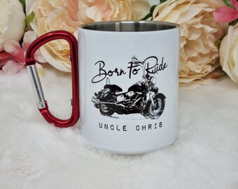 Personalise Clip On Carabiner Mug, Born To Ride Mug, Harley Davidson Mug, Biker Gift, ENAMEL Travel Cup