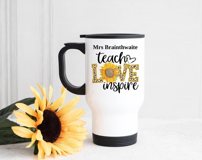 Personalised Teacher Sunflower Travel Mug