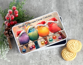 Personalised From Town, City, House Christmas Birds Robin Treat Tin, Family Gift, Neighbour Gift, Our House To Yours Gift Tin, Sweet Tin,