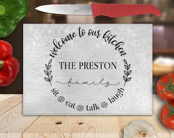 Welcome To Our Kitchen Personalised Glass Chopping Board, Kitchen Accessory, Chopping Board