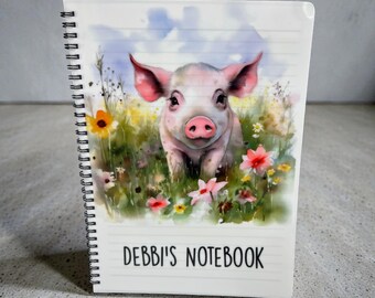 Pig In Meadow, Personalised Pig Notebook, Pig Stationary, Cute Pig Jotter, Personalised Notepad, Pig Notepad, Piglet Notebook, Floral Pig