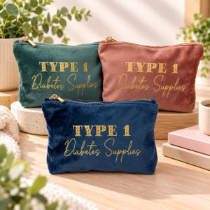 May include: Three velvet zipper pouches in dark green, dusty rose, and navy blue. Each pouch features gold lettering that reads TYPE 1 Diabetes Supplies. The pouches have gold-toned metal zippers and a soft, textured fabric finish.