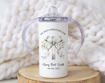 Christening Bow, Baptism Gift Sippy Cup Drinking Cup Baby Boy Girl Keepsake Gift Naming Day Gift Baby Toddler Traditional Christening Gift