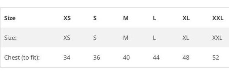 May include: Size chart showing chest measurements in inches for sizes XS through XXL.