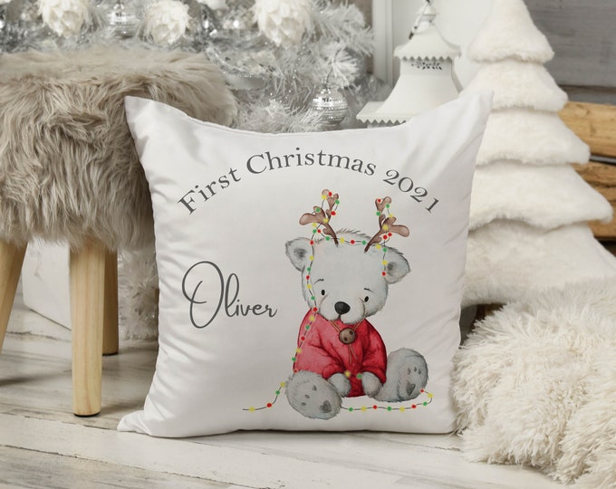 Personalised First Christmas Teddy Lights Cushion