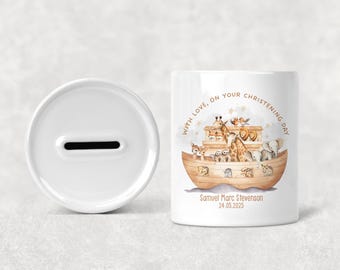 Personalised Christening Ceramic Noah's Arc, Animal Zoo Theme  Money Box  Baptism Keepsake Christening Gift, Girls boys Jungle Theme