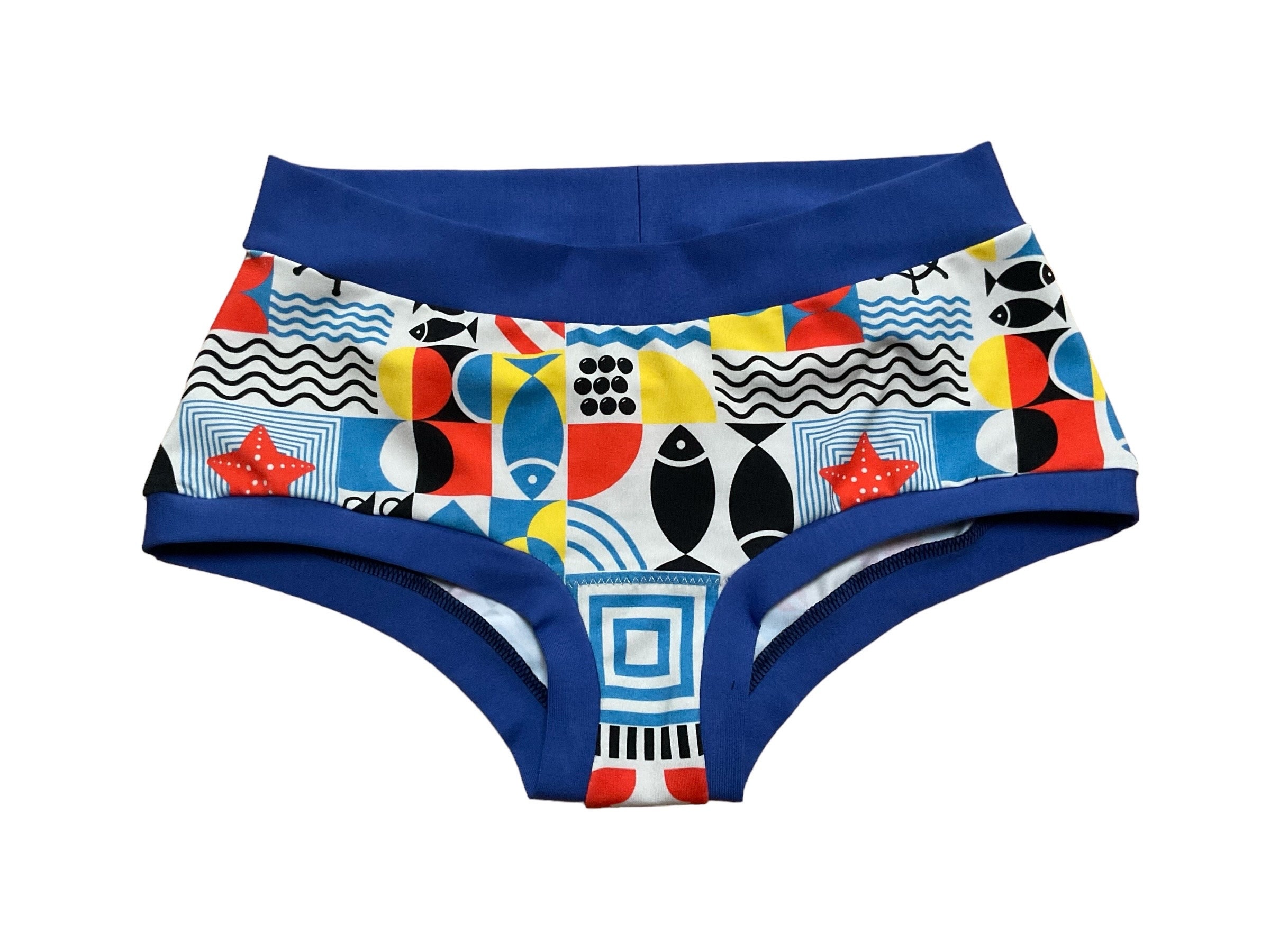 Silk Underwear Nooner in Los Cabos 100% Silk Jersey Hippie Brief Style Blue  and Orange Sunburst Print SXSW Collection 