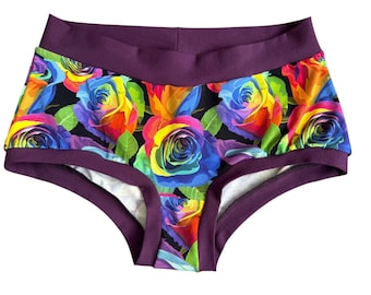 Grandi rose arcobaleno romantiche, pantaloncini corti Bunzies Scrundies Pants Knickers Briefs Boxers, fatti a mano in Scozia, cotone elasticizzato lycra