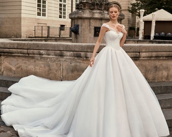 Classic Ball Gown Wedding Dress Voluminous Skirt with Long Train Beaded Sweetheart Bodice Off-the-Shoulder Straps - Princess Bridal Gown