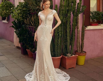 Allover Lace V-Neck Cap Sleeves Embroidered Sheath Wedding Dress with Scalloped Lace Edge Train and Illusion Back