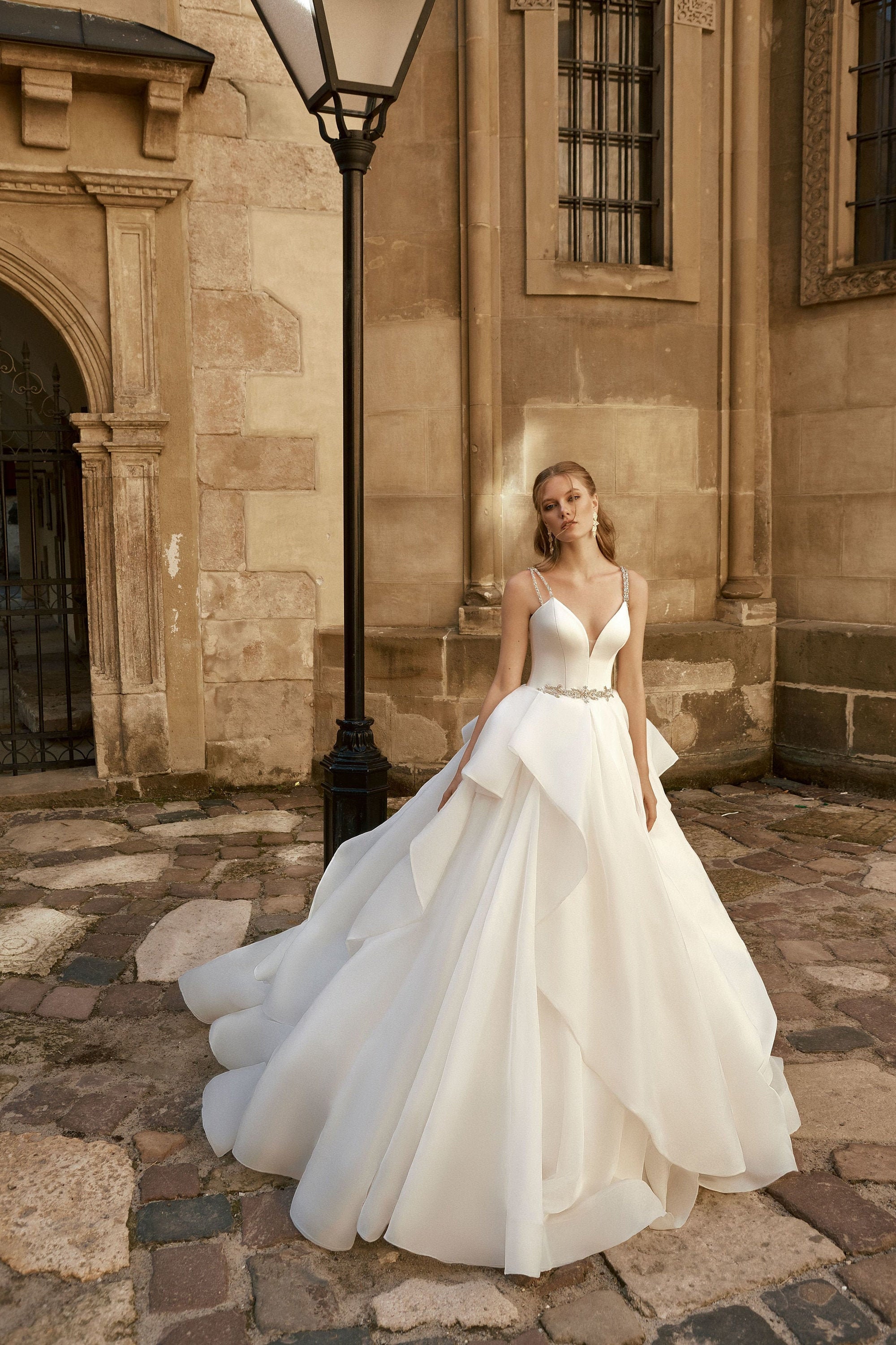 Ivory Strapless Layered Skirt Lace Up Back Wedding Dress With Beading