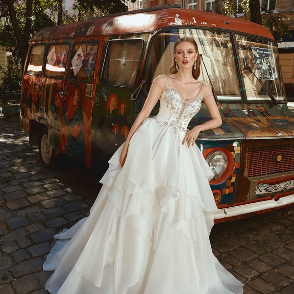 Embroidered Bodice Plunging Neckline Multi-Layered Ruffled Skirt Organza Ball Gown Wedding Dress with Beaded Edge Sheer Sleeves