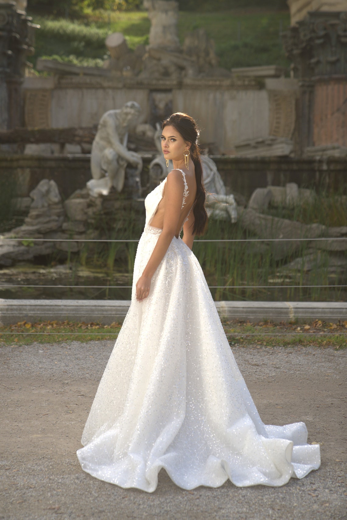 A-line Sparkling Diamond Open-Back Floor-Length Gown Papaya main image 1