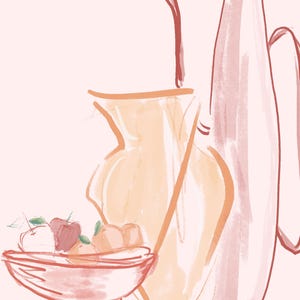 May include: An illustration of a still life featuring a bowl of fruit, a pitcher, and a tall bottle. The objects are rendered in shades of peach, pink, and red against a pale pink background. The style is reminiscent of a watercolor painting.
