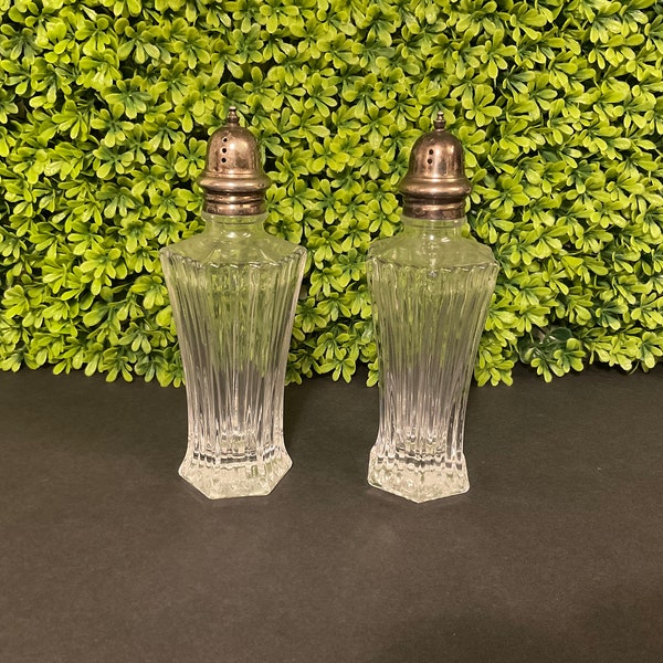 Vintage MIKASA Salt and Pepper Shakers Silver Top Clear Crystal Diamond Fire 6.25" Tall. Japanese made.