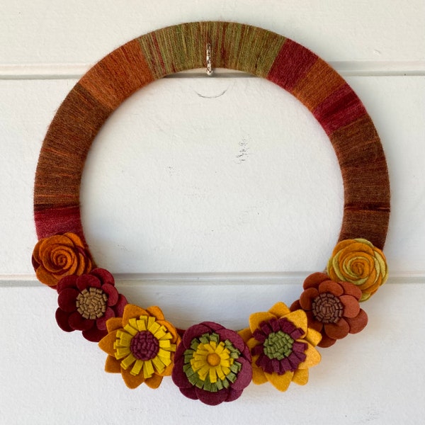 Ready to ship Fall yarn wrapped felt flower wreath 12 inch wall decor for Thanksgiving and Autumn Harvest