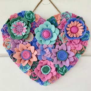 Ready to ship Beautiful 10” felt flower heart wreath for Valentine’s Day, Mother’s Day, housewarming, summer, rainbow door hanger