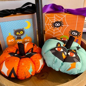 Ready to ship Set of 2 Handmade Fabric Pumpkins for Halloween Tiered Tray Decor Black cats retro vintage Accents Stuffed pumpkins