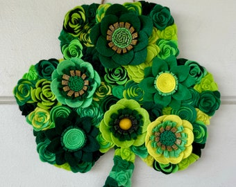 Ready to ship 10” felt flower shamrock  or clover wreath for Saint Patricks day, spring door hanger green and gold
