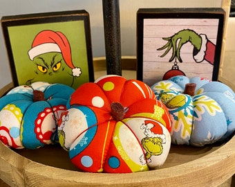 Ready to Ship Set of 3 Mini Pumpkins for Winter or Christmas Tiered Tray Decor Handmade Fabric Bowl Filler Centerpiece