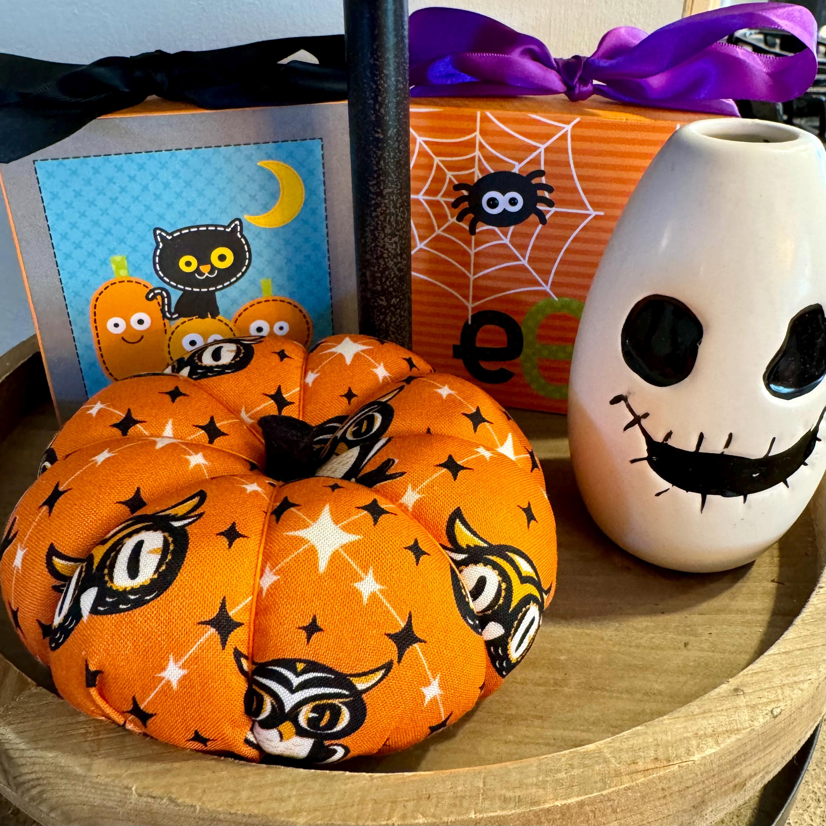 Ready to Ship Handmade Halloween fabric pumpkin Tiered tray or centerpiece decor stuffed pumpkins bowl filler Fall