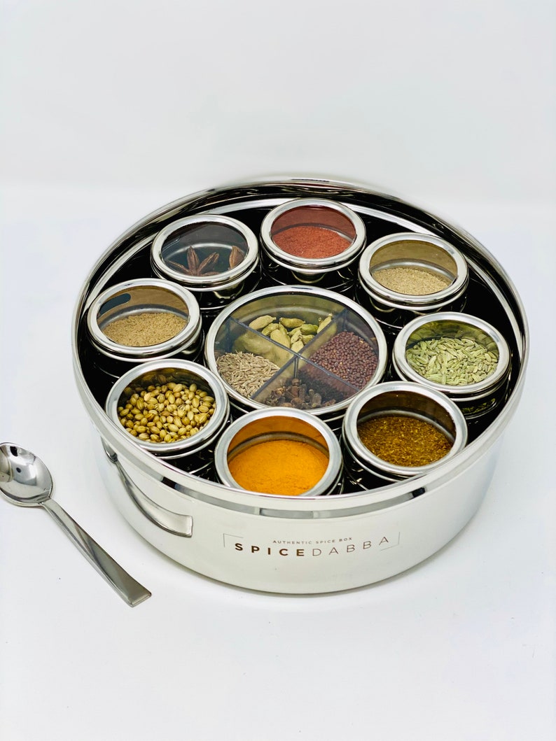 Stainless Steel Indian Spice Box , Salt Pepper Unique Design for Spices, Stainless Steel Masala Dabba, Spice Container, Kitchen Spice Box image 2