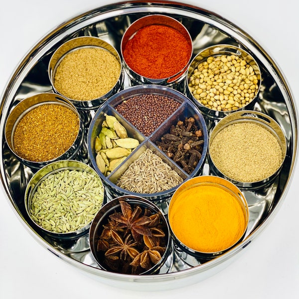 Boîte à épices indienne en acier inoxydable, conception unique de poivre de sel pour les épices, Masala Dabba en acier inoxydable, récipient à épices, boîte à épices de cuisine