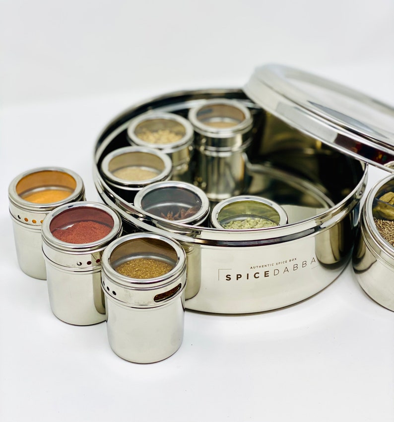 Stainless Steel Indian Spice Box , Salt Pepper Unique Design for Spices, Stainless Steel Masala Dabba, Spice Container, Kitchen Spice Box image 3