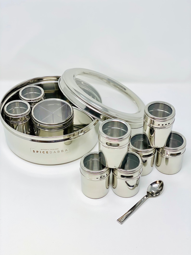 Stainless Steel Indian Spice Box , Salt Pepper Unique Design for Spices, Stainless Steel Masala Dabba, Spice Container, Kitchen Spice Box image 7