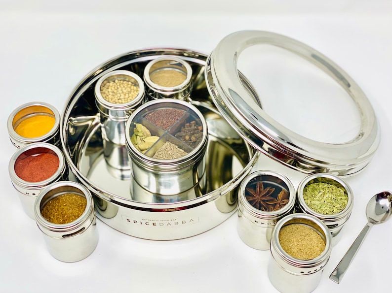 Stainless Steel Indian Spice Box , Salt Pepper Unique Design for Spices, Stainless Steel Masala Dabba, Spice Container, Kitchen Spice Box image 5