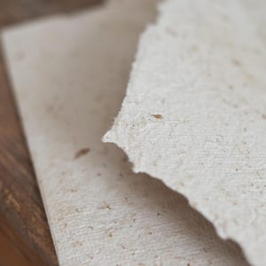 May include: Close-up of a sheet of handmade paper with a textured surface and flecks of brown throughout.