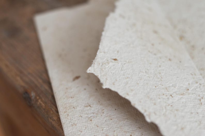 May include: Close-up of a sheet of handmade paper with a textured surface and flecks of brown throughout.
