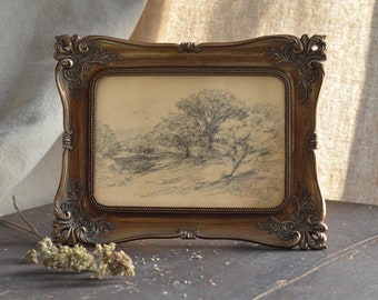 Framed Landscape Drawing | original work | graphite on tinted paper | 5x7