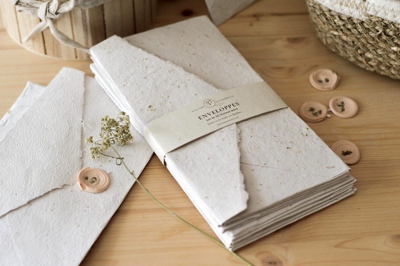 Large handmade letter-size envelopes made from recycled paper and dried flowers with self-adhesive wax seals image 1