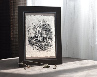 Original ink drawing on handmade paper | landscape illustration | white recycled paper | cardboard frame included