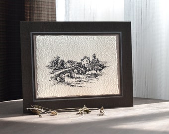 Original ink drawing on handmade paper | landscape illustration | white recycled paper | cardboard frame included