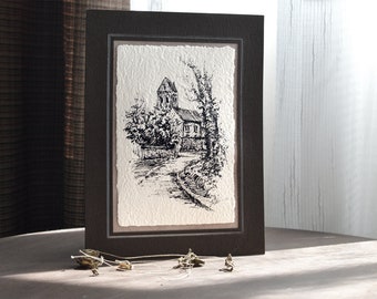 Original ink drawing on handmade paper | landscape illustration | white recycled paper | cardboard frame included