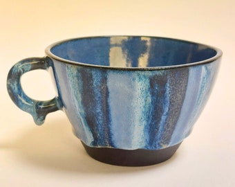 Handmade Blue Stripe Tea Cup | *read description* | Drippy Glaze | Free postage