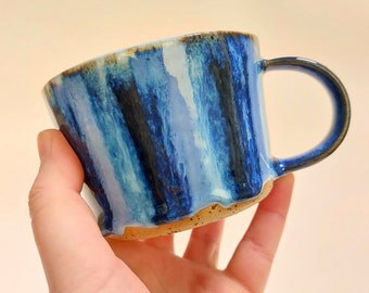 Handmade Blue Stripe Mug | Drippy Glaze | Free postage