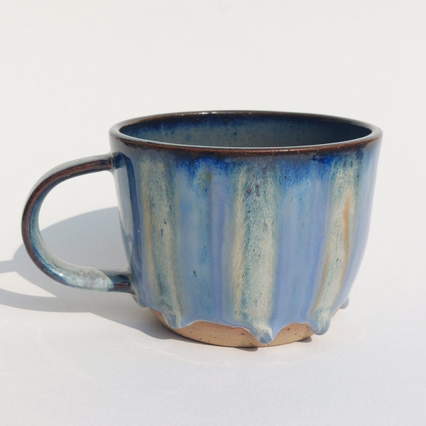Large Handmade Blue Stripe Mug | Drippy Glaze | Free postage