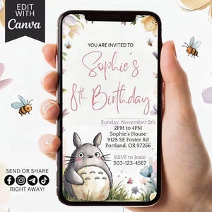 Convite digital de aniversário do Totoro, convite fofo animado para aniversário, convite de aniversário editável, cartão eletrônico de aniversário neutro, festa do Studio Ghibli